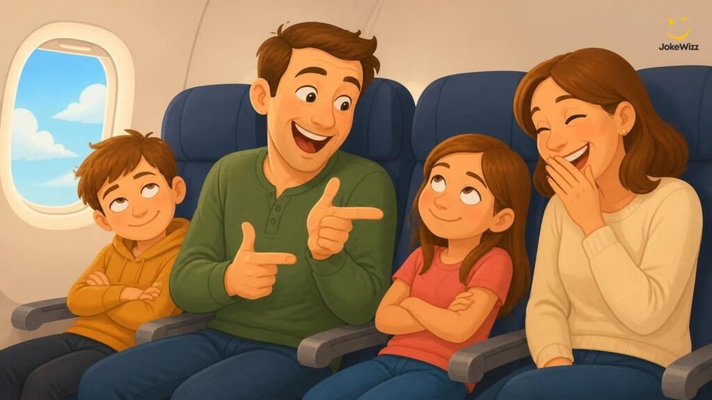 Funny airplane dad jokes with family laughing on a flight