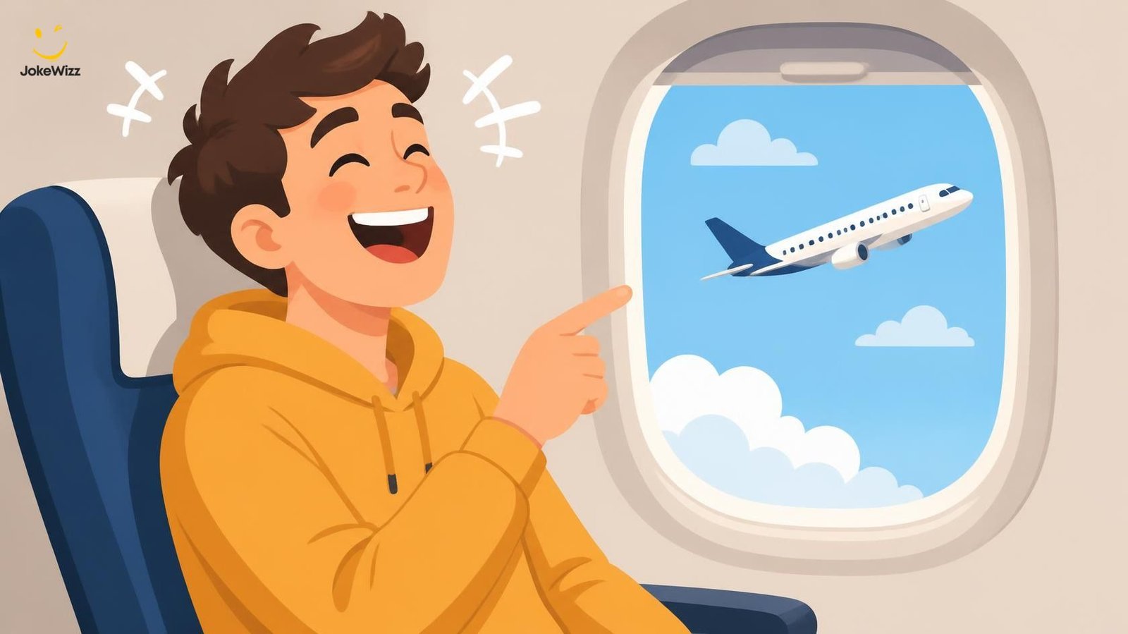 Funny airplane jokes and puns with a laughing passenger