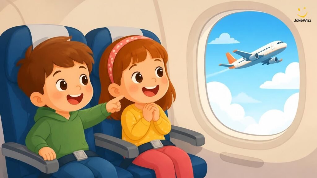 Airplane jokes for kids with children laughing during a flight