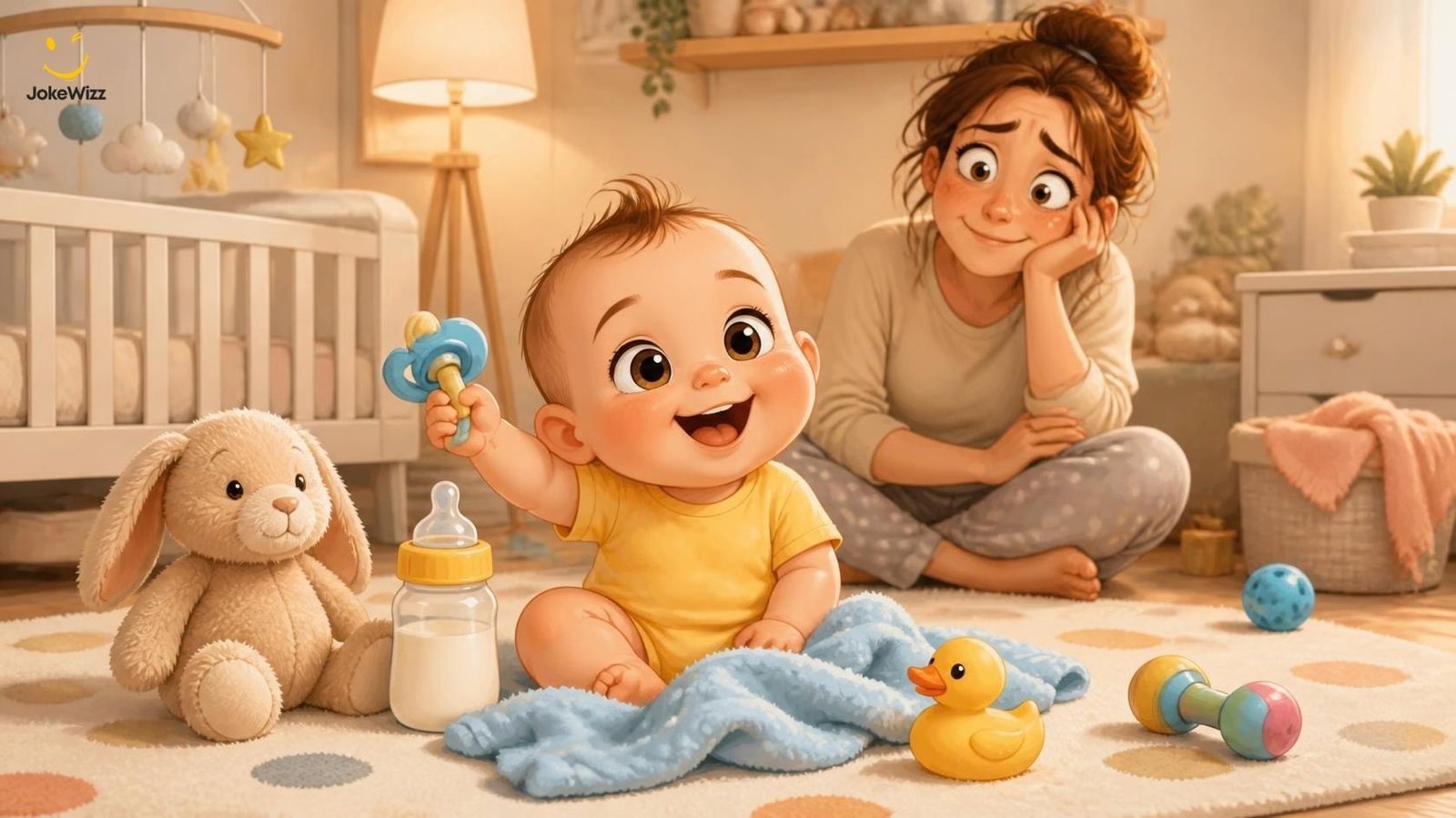 Funny baby jokes and puns with a cute baby in a nursery