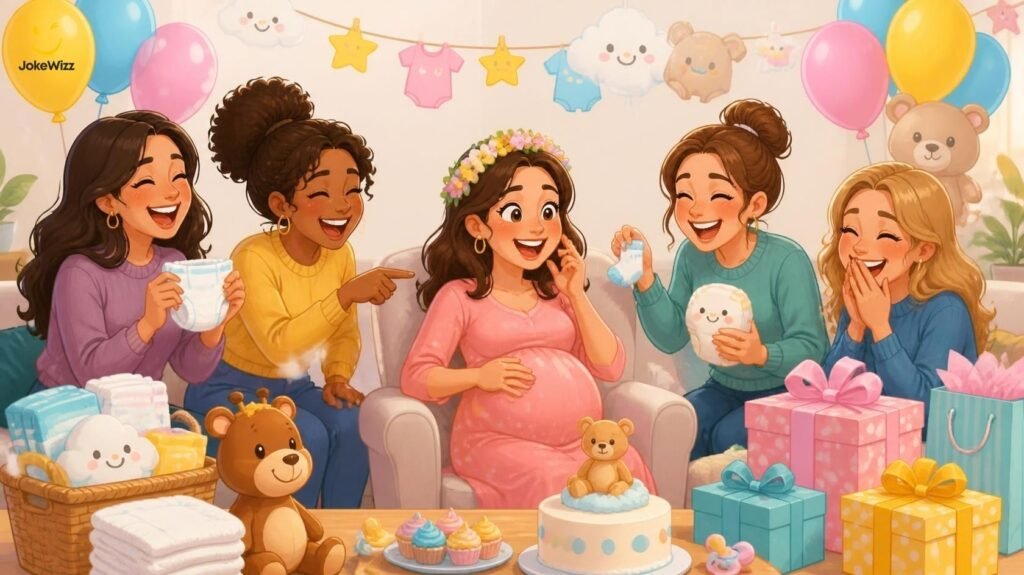 Funny baby shower jokes and puns at a baby shower celebration