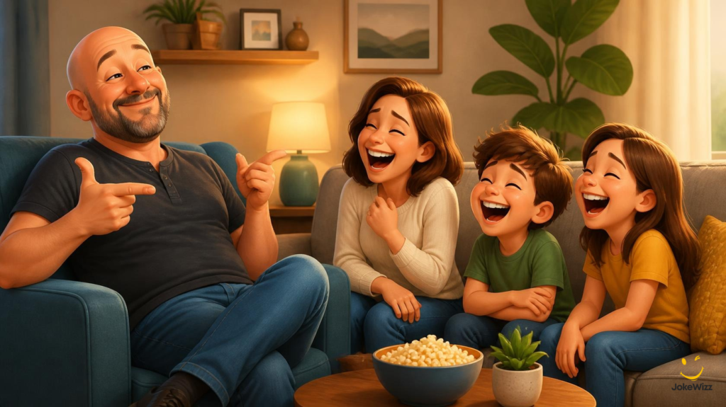 Bald dad telling jokes to his laughing family