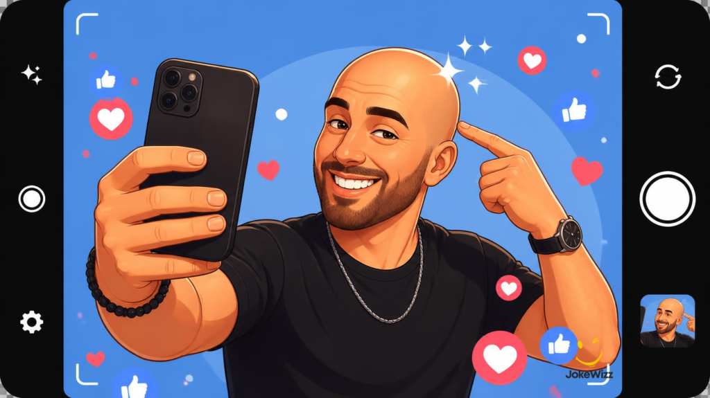 Bald man taking a selfie for a funny Instagram caption