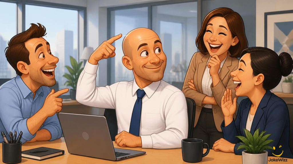 Coworkers laughing at a harmless bald joke in the office