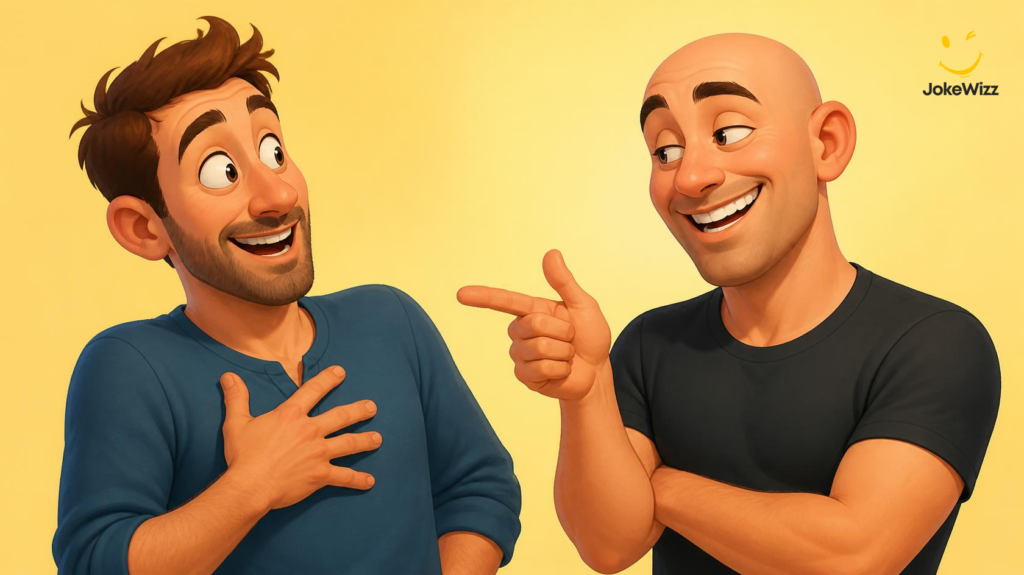 Friends sharing funny bald roasts and comebacks