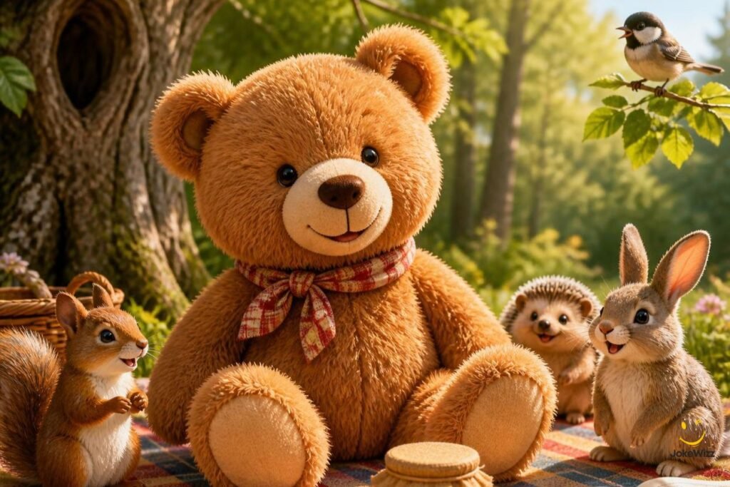 Cute teddy bear with honey and storybook for kids jokes