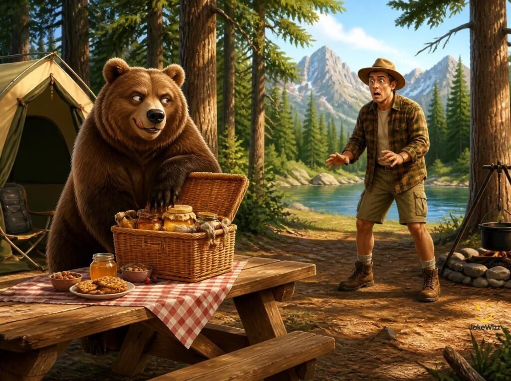 Funny brown bear stealing a picnic basket at a campsite