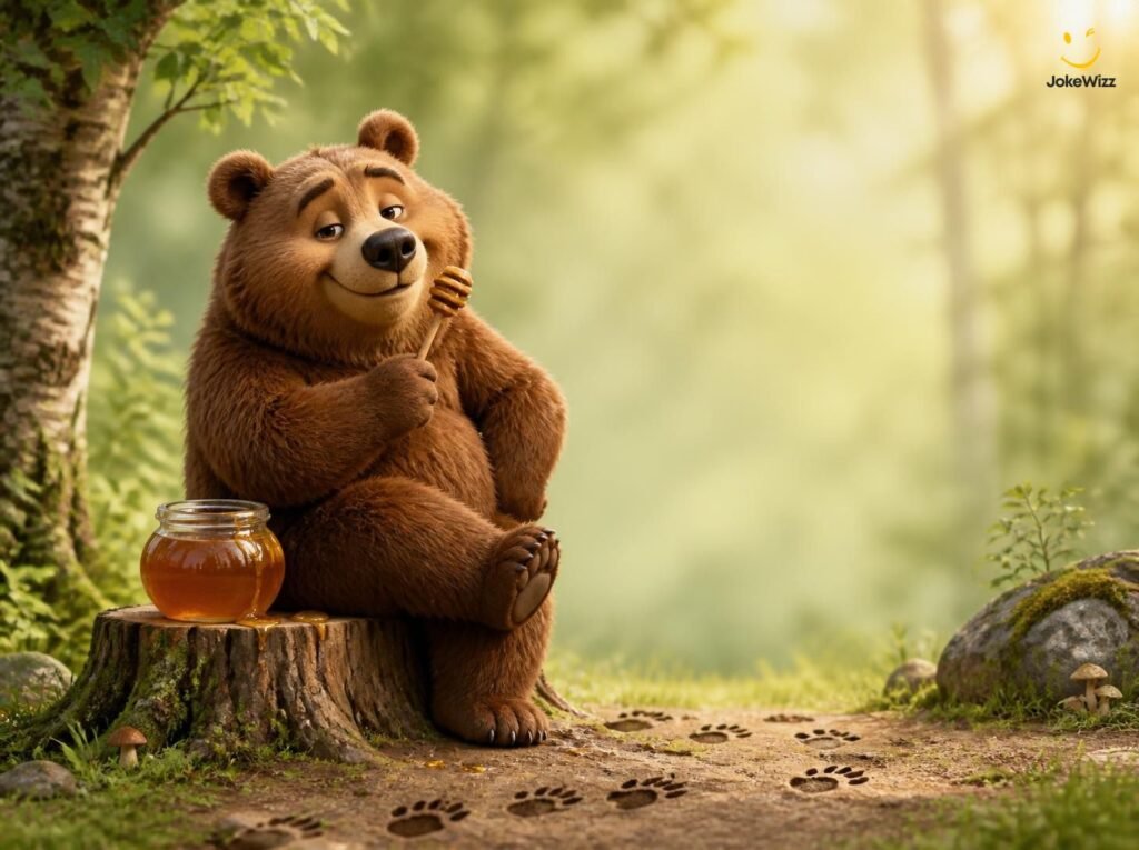 Funny brown bear holding honey jar for bear jokes and puns