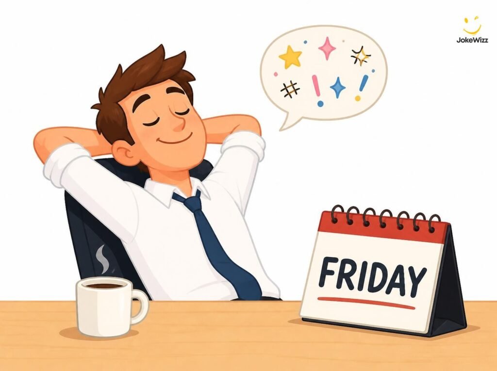 Funny Friday one-liners illustration with a smiling office worker and coffee