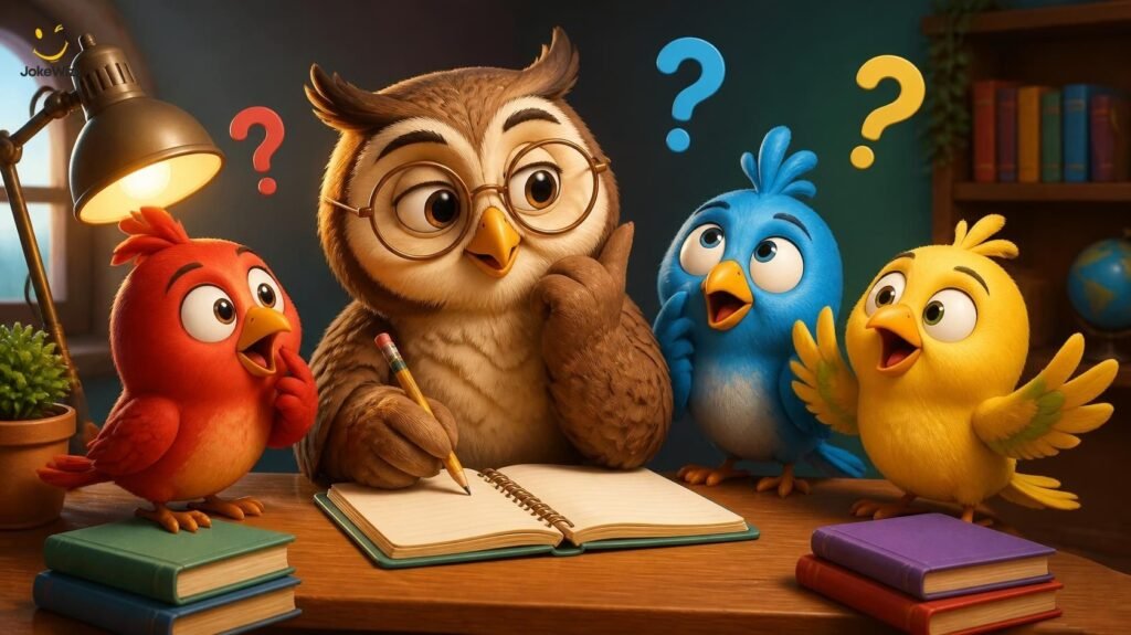 Funny owl and birds solving a riddle together