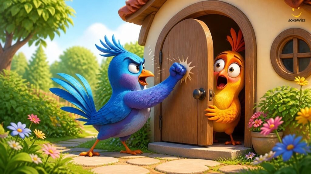 Funny birds telling a knock knock joke at a house door