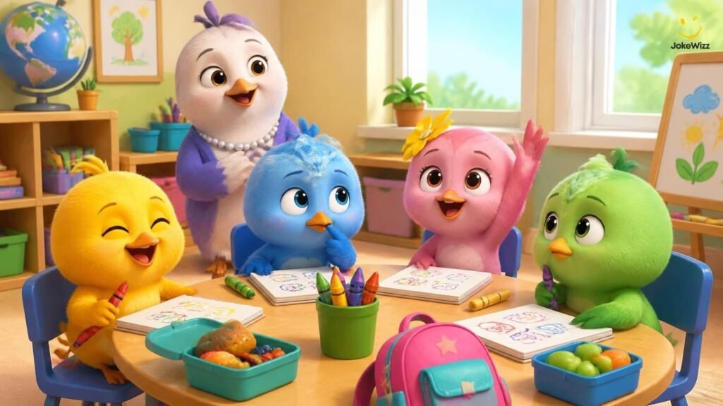 Cute baby birds laughing in a classroom
