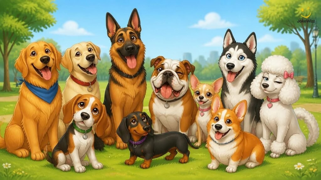 Funny group of different dog breeds for breed-specific dog jokes