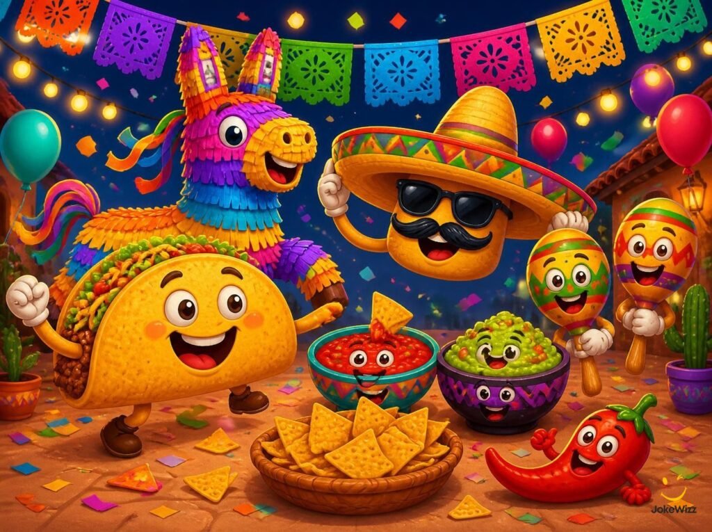 Funny Cinco de Mayo celebration with tacos, piñata, sombrero, and salsa