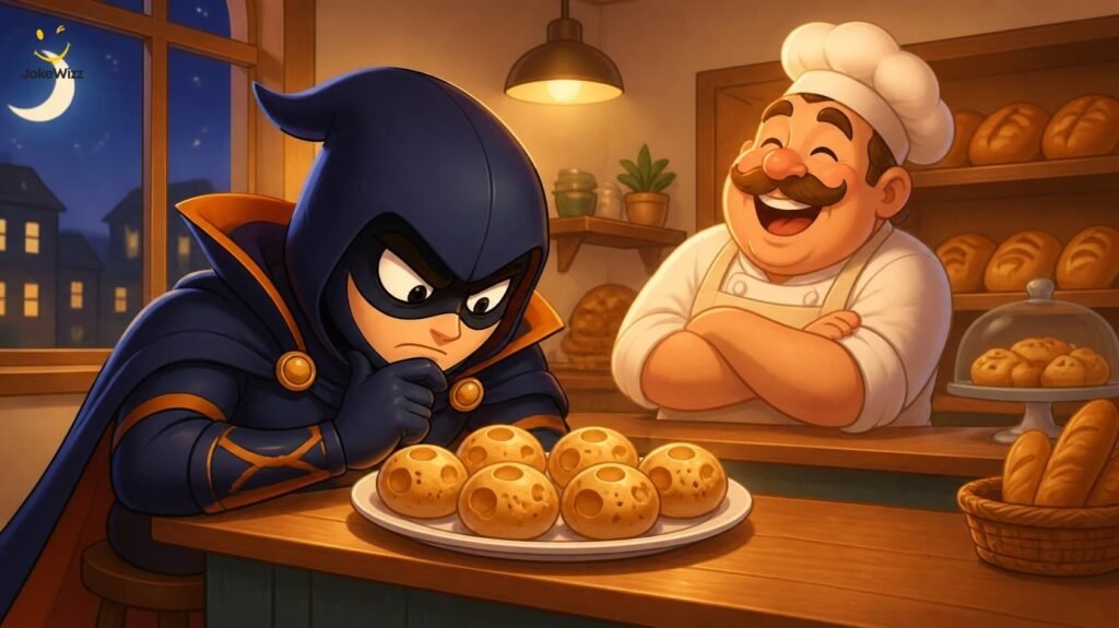 Funny masked hero looking at pastries in a bakery-Batman jokes