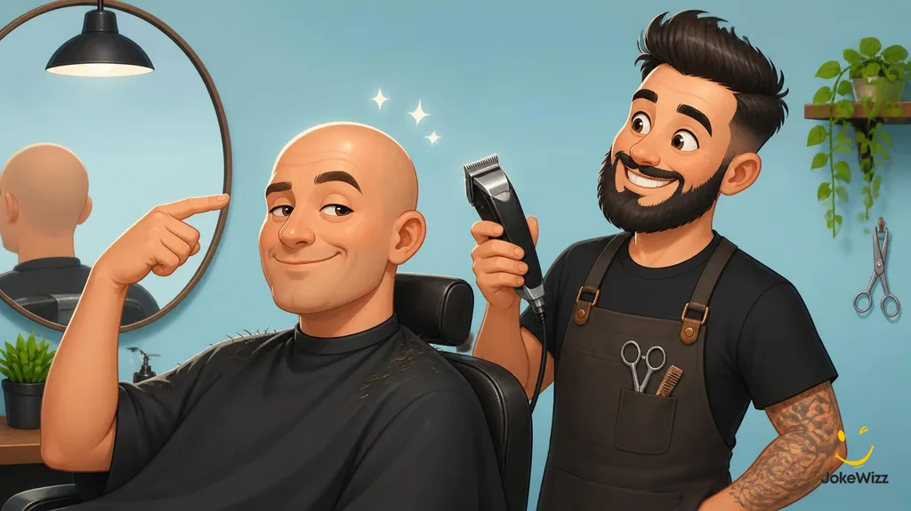 Bald man getting a funny haircut at a barber shop