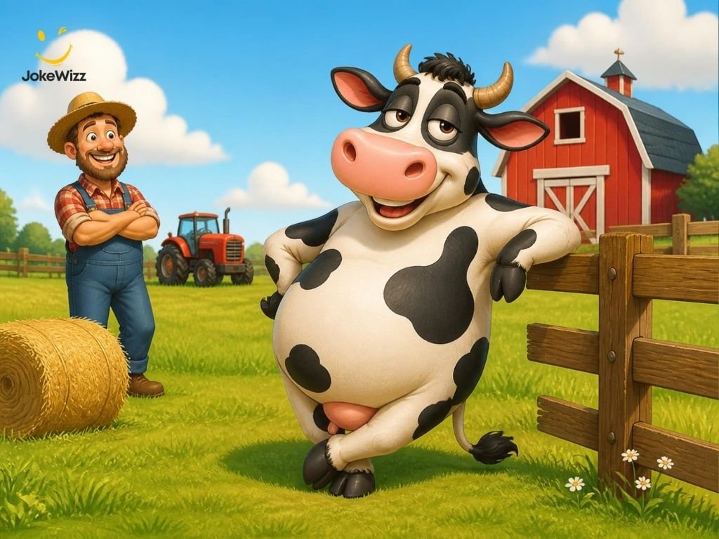 Funny cow enjoying farm life beside a red barn