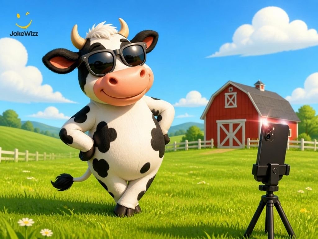 Funny cow posing for a social media photo in a pasture
