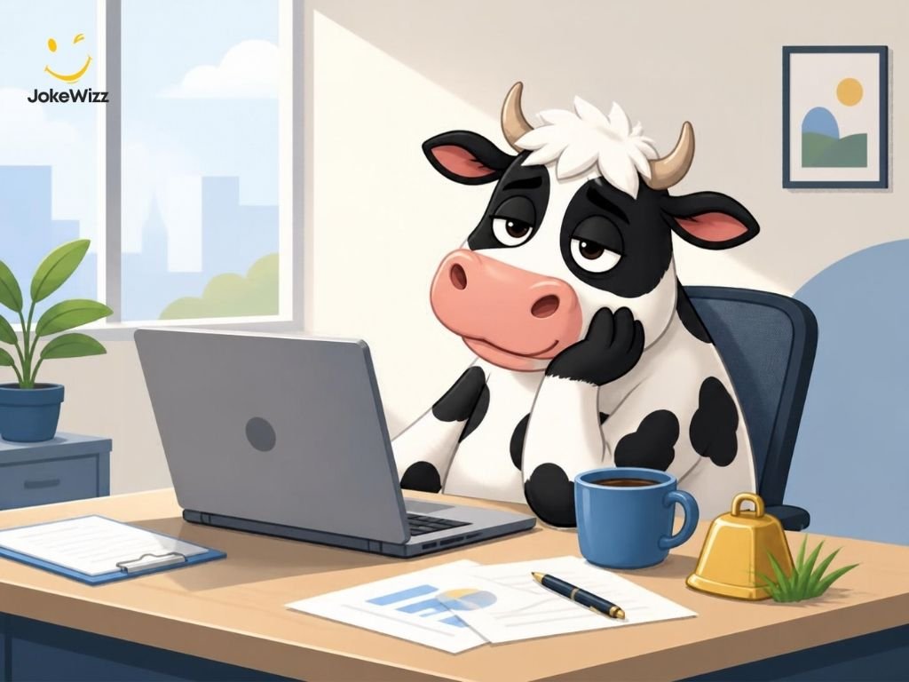 Funny cow working at an office desk with a laptop