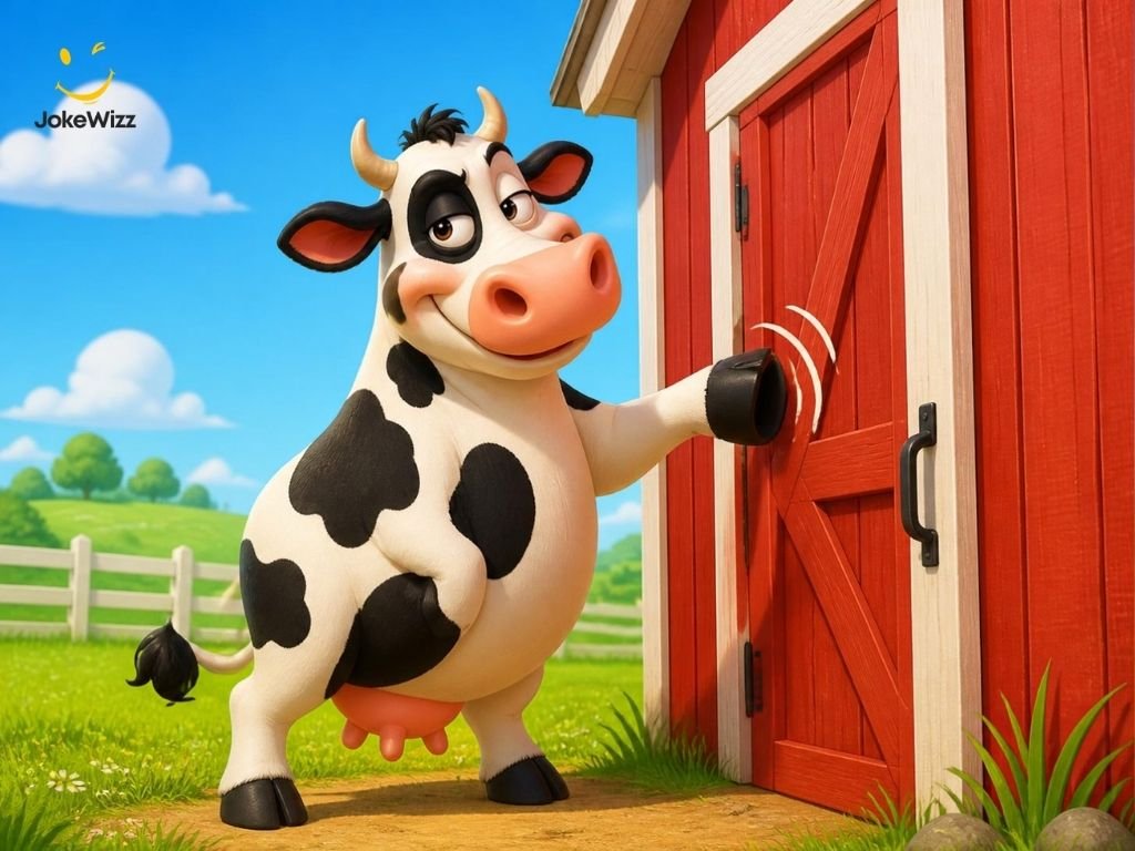 Funny cow knocking on a barn door for a knock-knock joke