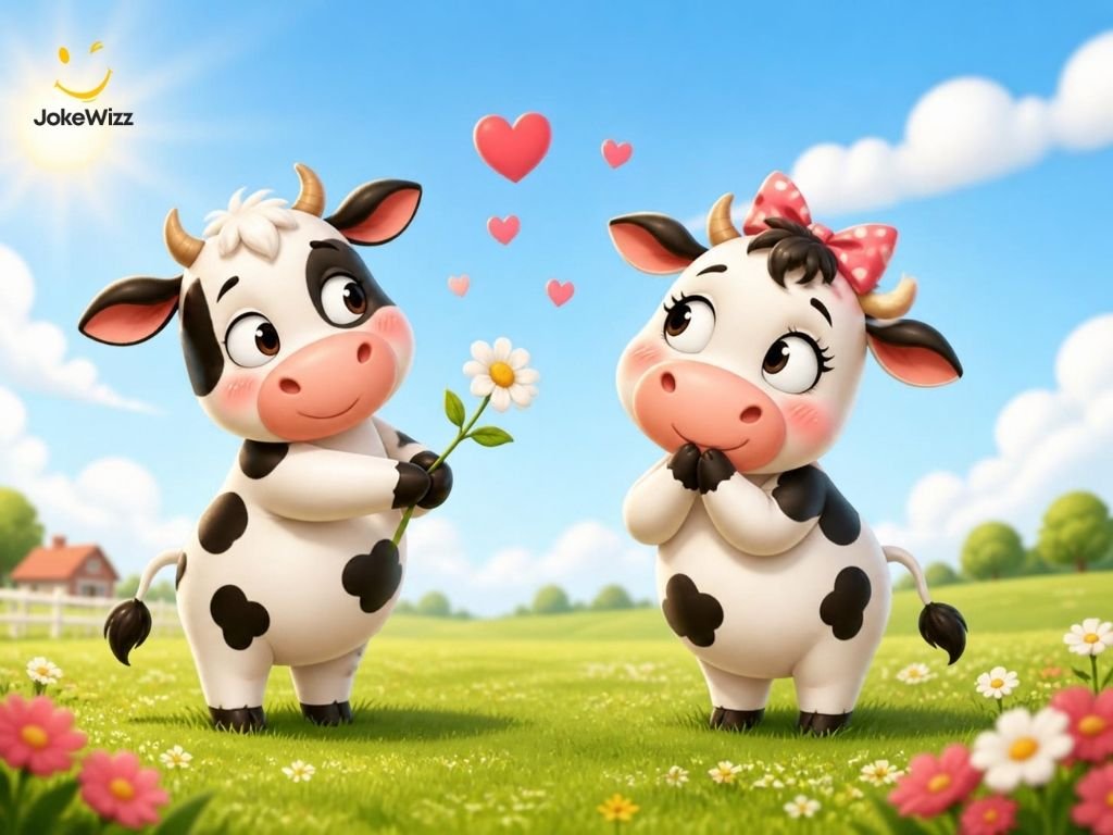 Cute cows sharing a flower for funny cow pick-up lines