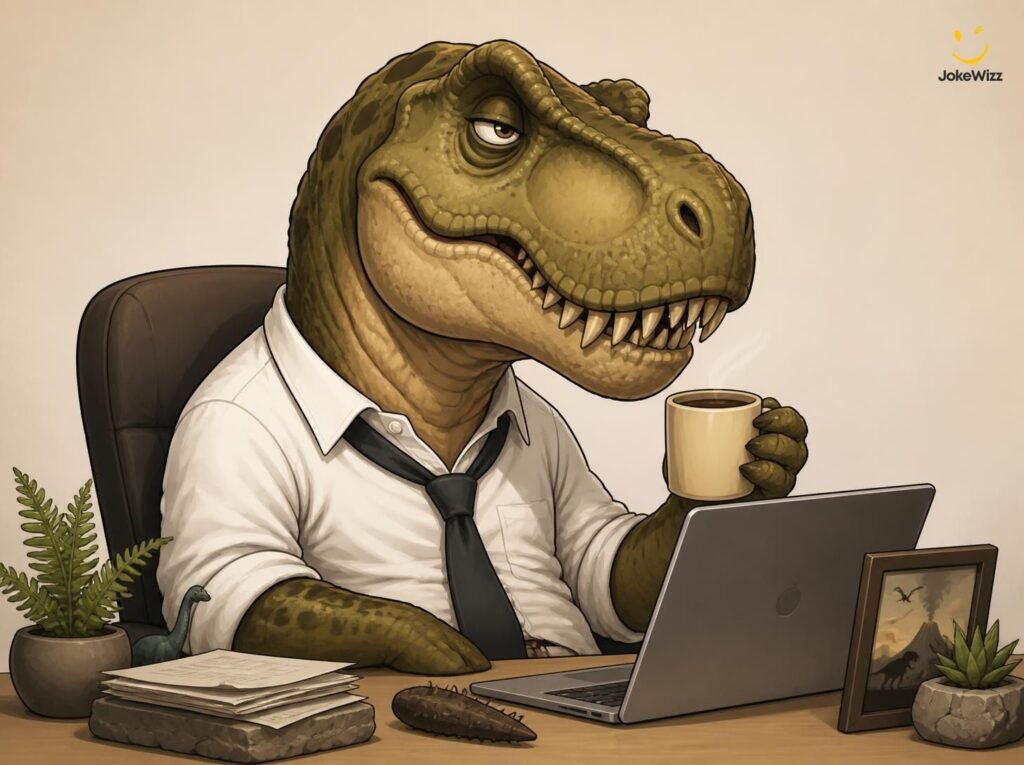 T-Rex working at an office for dinosaur jokes for adults