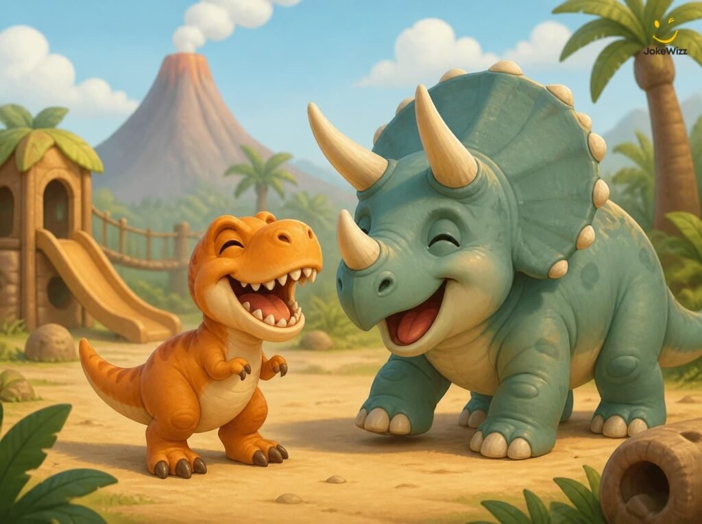 Cute dinosaurs laughing together in a funny kids illustration