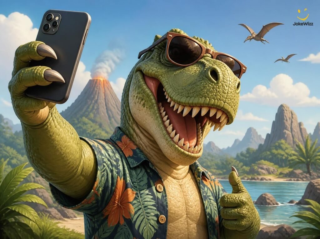 Dinosaur taking a selfie for funny dinosaur captions