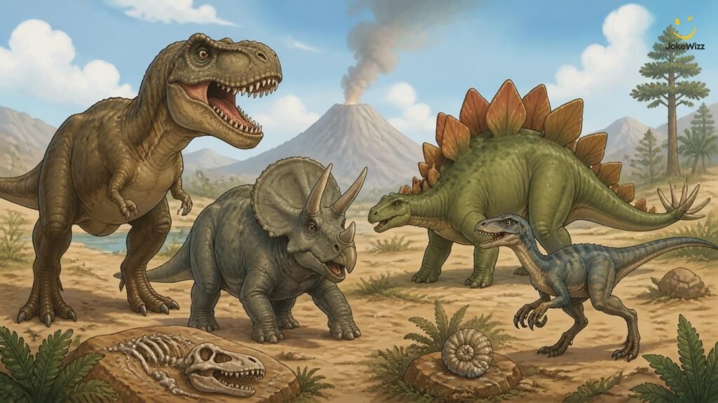 T-Rex triceratops stegosaurus and velociraptor illustration