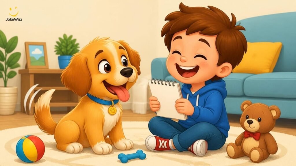 Child laughing with a funny puppy while sharing dog jokes