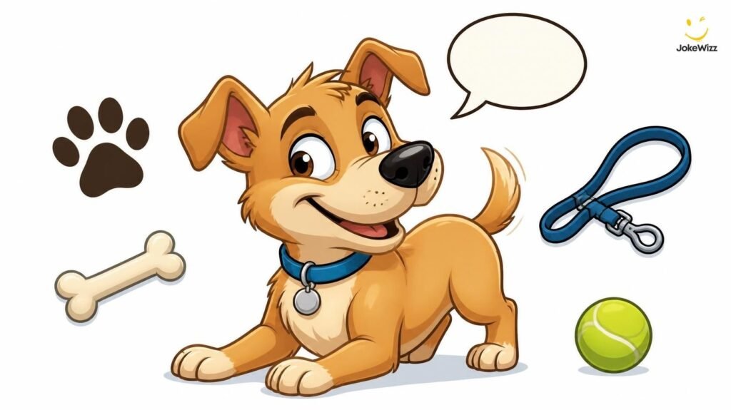 Playful dog surrounded by paw and bone symbols for dog puns