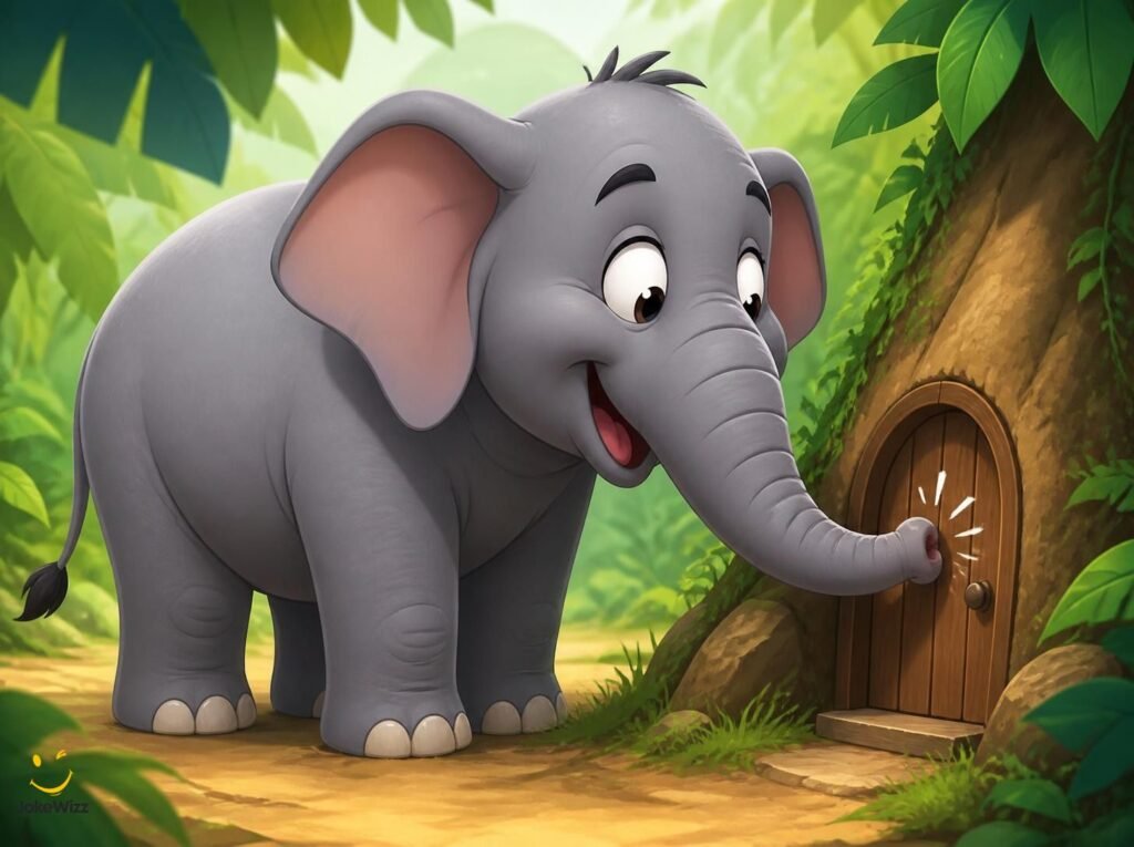 Funny elephant knocking on a small door