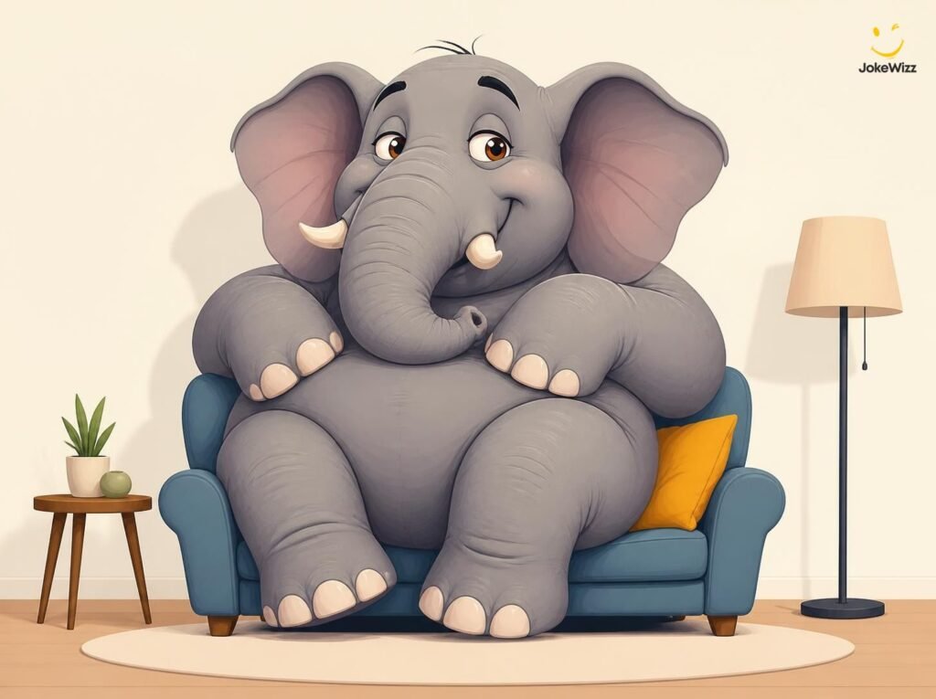 Funny elephant sitting on a small sofa