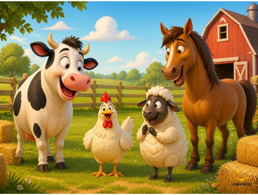 Funny farm animal jokes with cow pig chicken sheep and horse