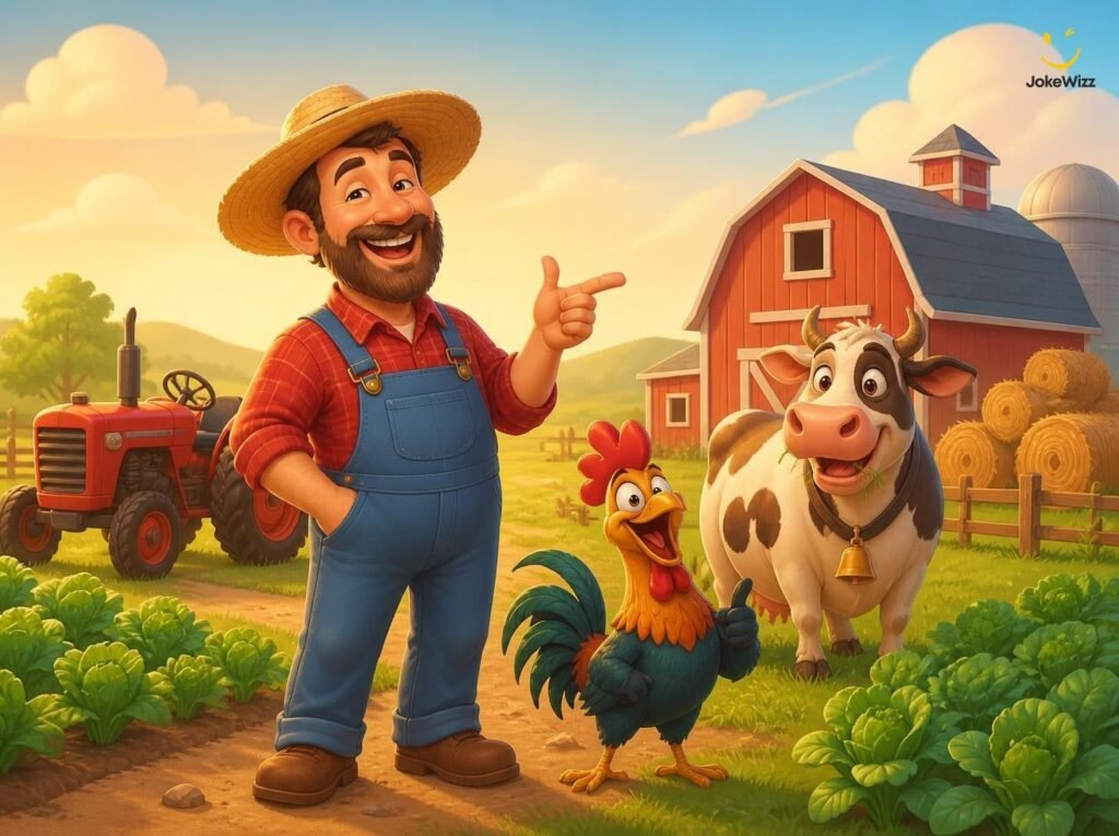 Funny farmer dad jokes with cheerful farmer and farm animals