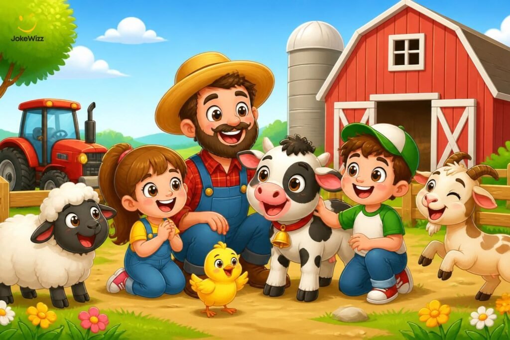 Farmer jokes for kids with children and funny farm animals