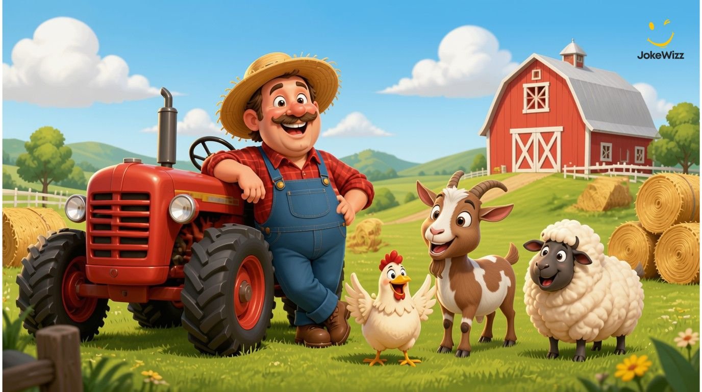 Funny farmer jokes scene with farmer and farm animals