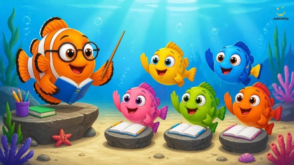 Funny fish jokes for kids in a cartoon underwater classroom