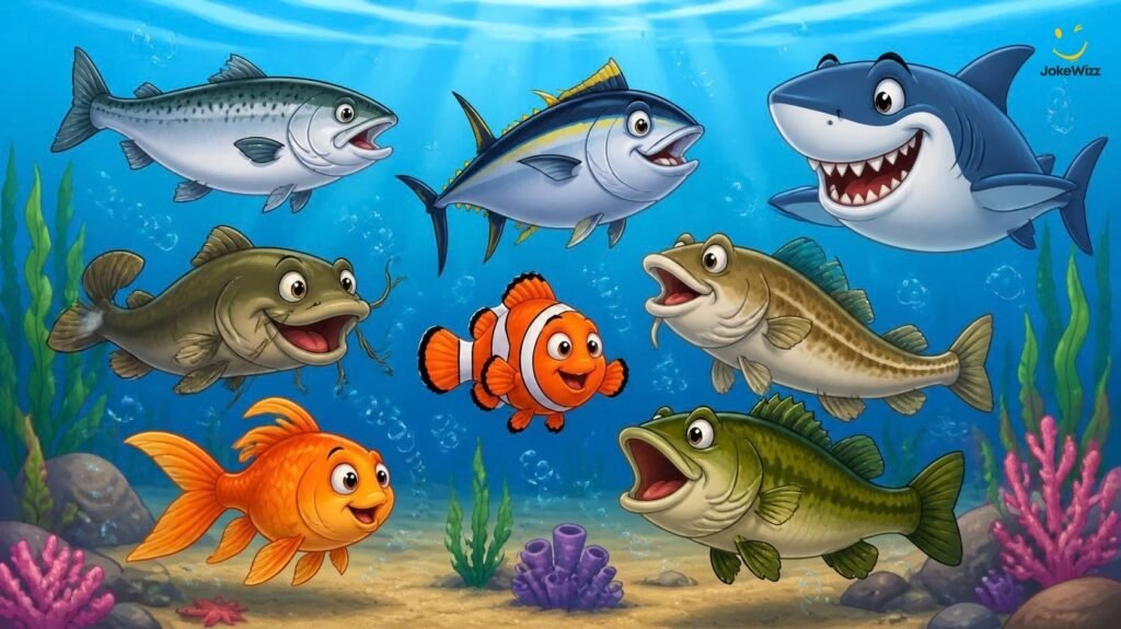 Funny fish puns by species including salmon tuna catfish and clownfish