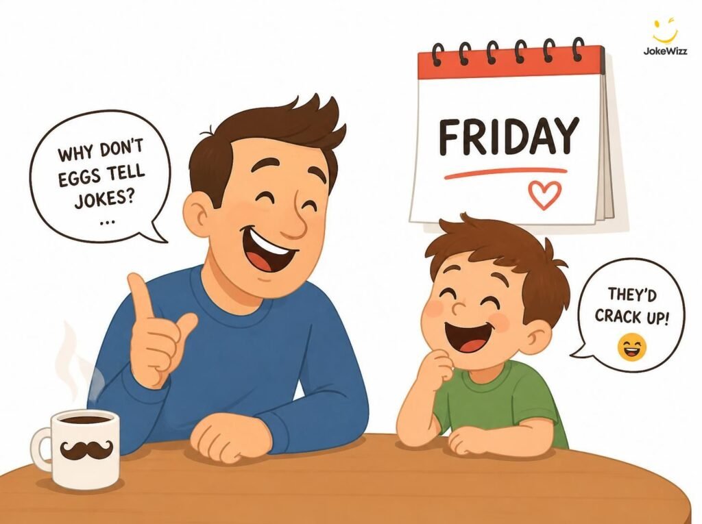 Father and child laughing at funny Friday jokes