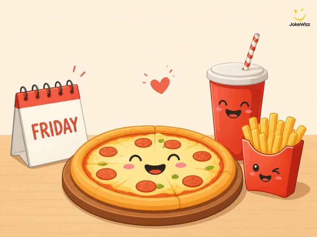 Funny Friday food illustration with pizza fries and a Friday calendar
