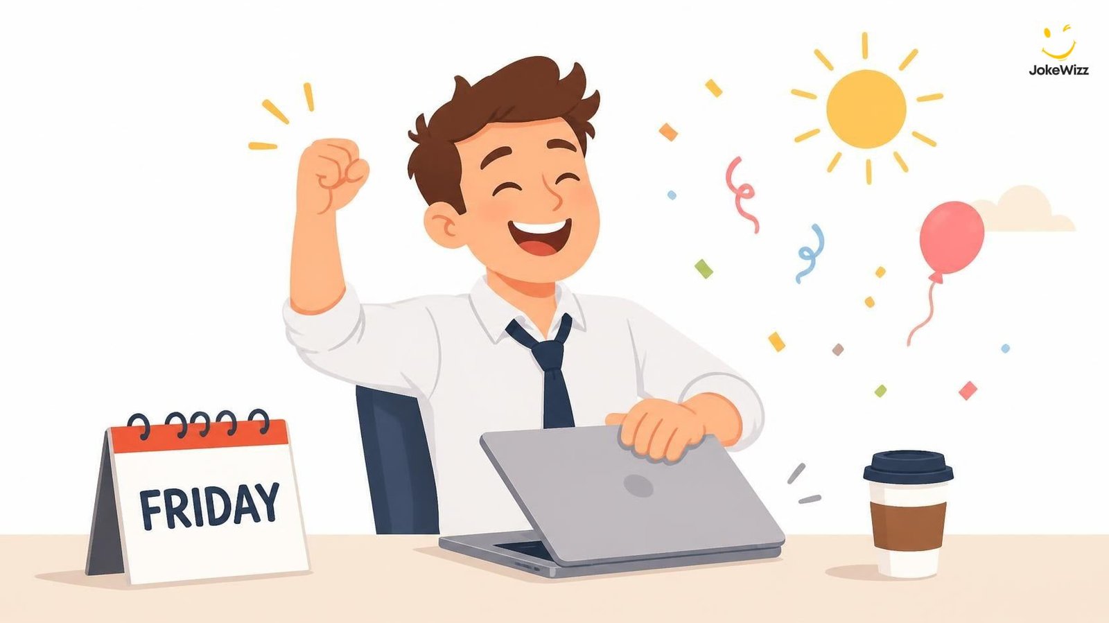 Funny Friday illustration showing a worker celebrating the start of the weekend