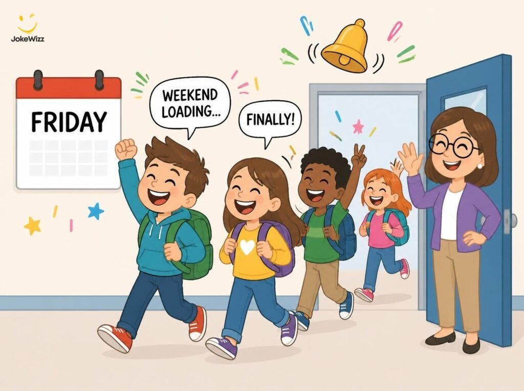 Happy students celebrating Friday at the end of the school day