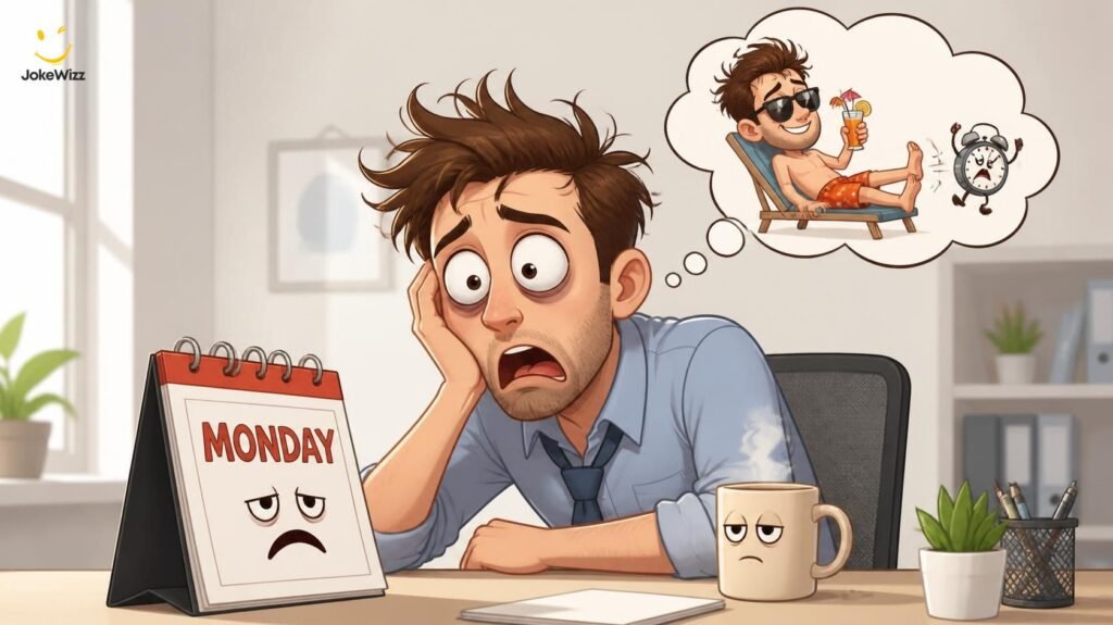 Sleepy worker reacting to Monday with coffee and a calendar