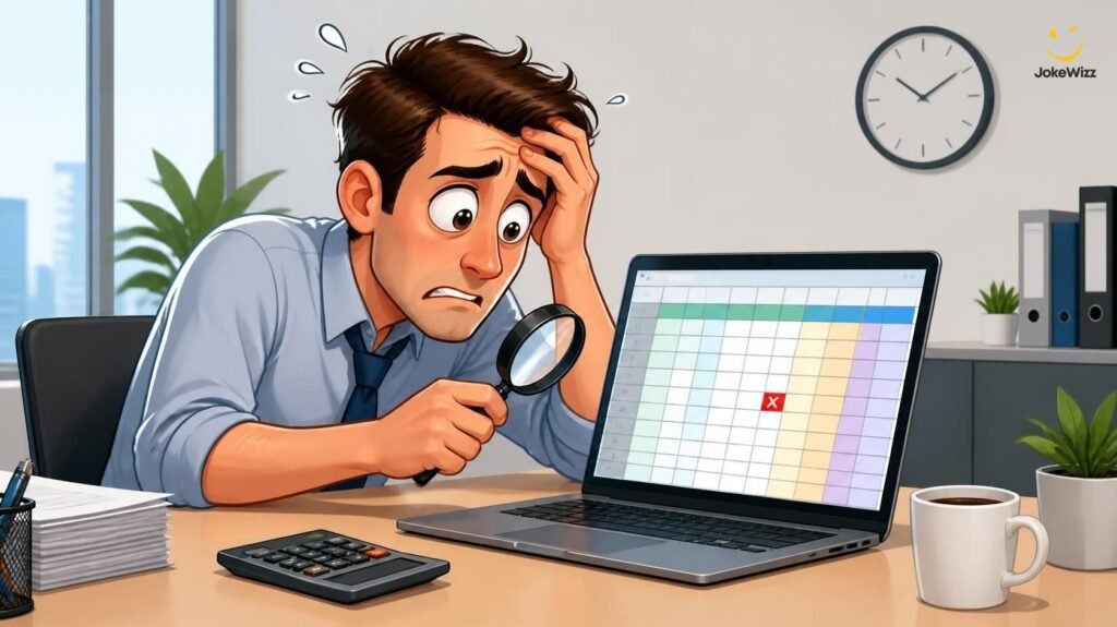 Funny accountant dealing with an Excel spreadsheet and formula error