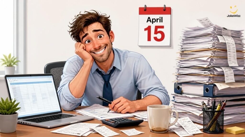 Funny accountant surrounded by tax documents during tax season