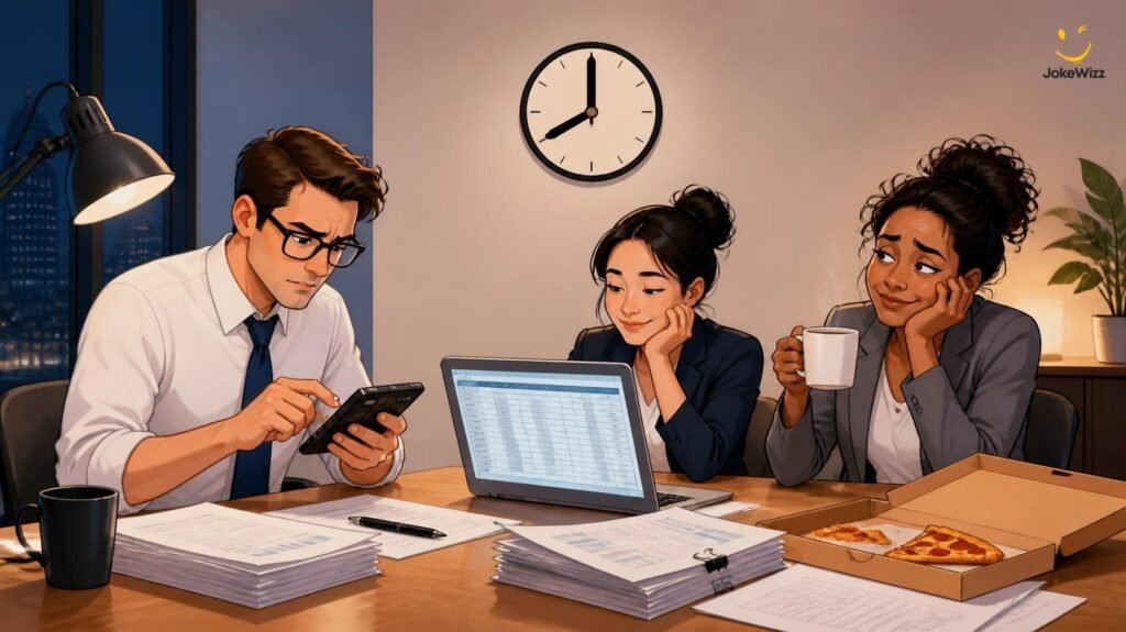 Funny accountants working late during busy season with coffee and pizza