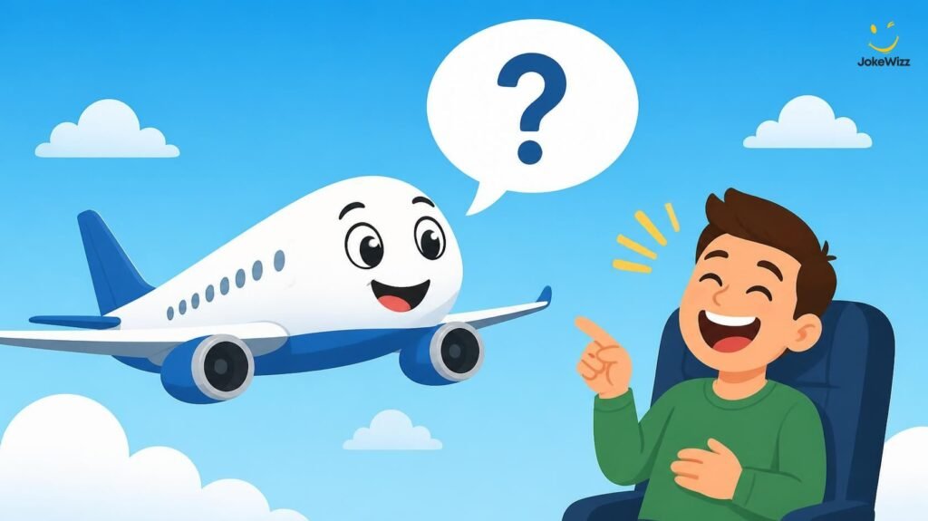 Funny airplane Q&A jokes illustration with airplane and question mark