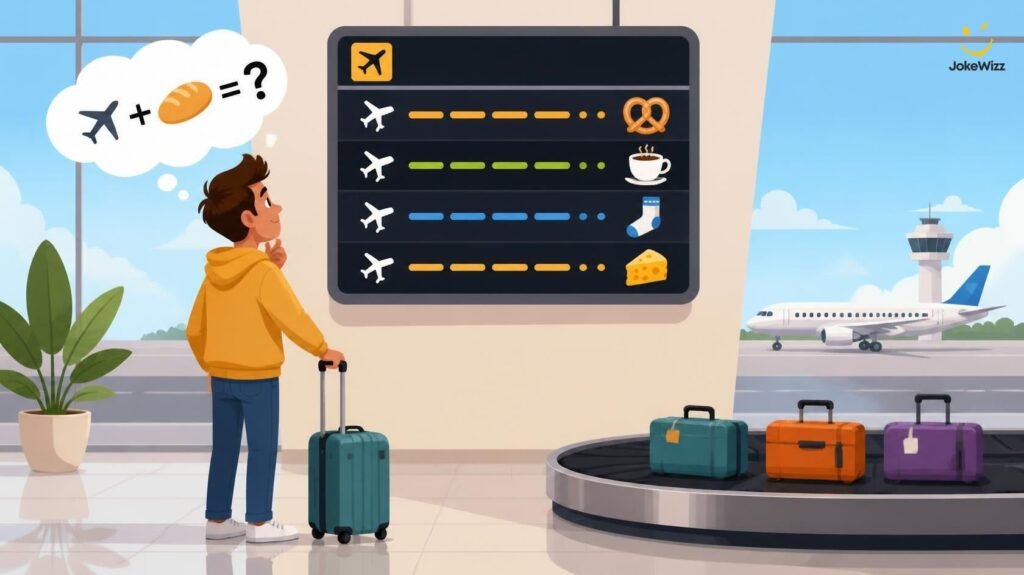 Funny airport puns with traveler and suitcase at an airport