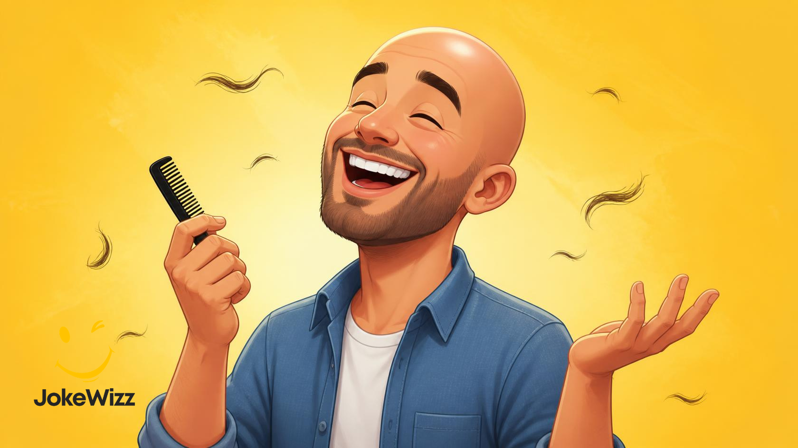 Funny bald man laughing at baldness